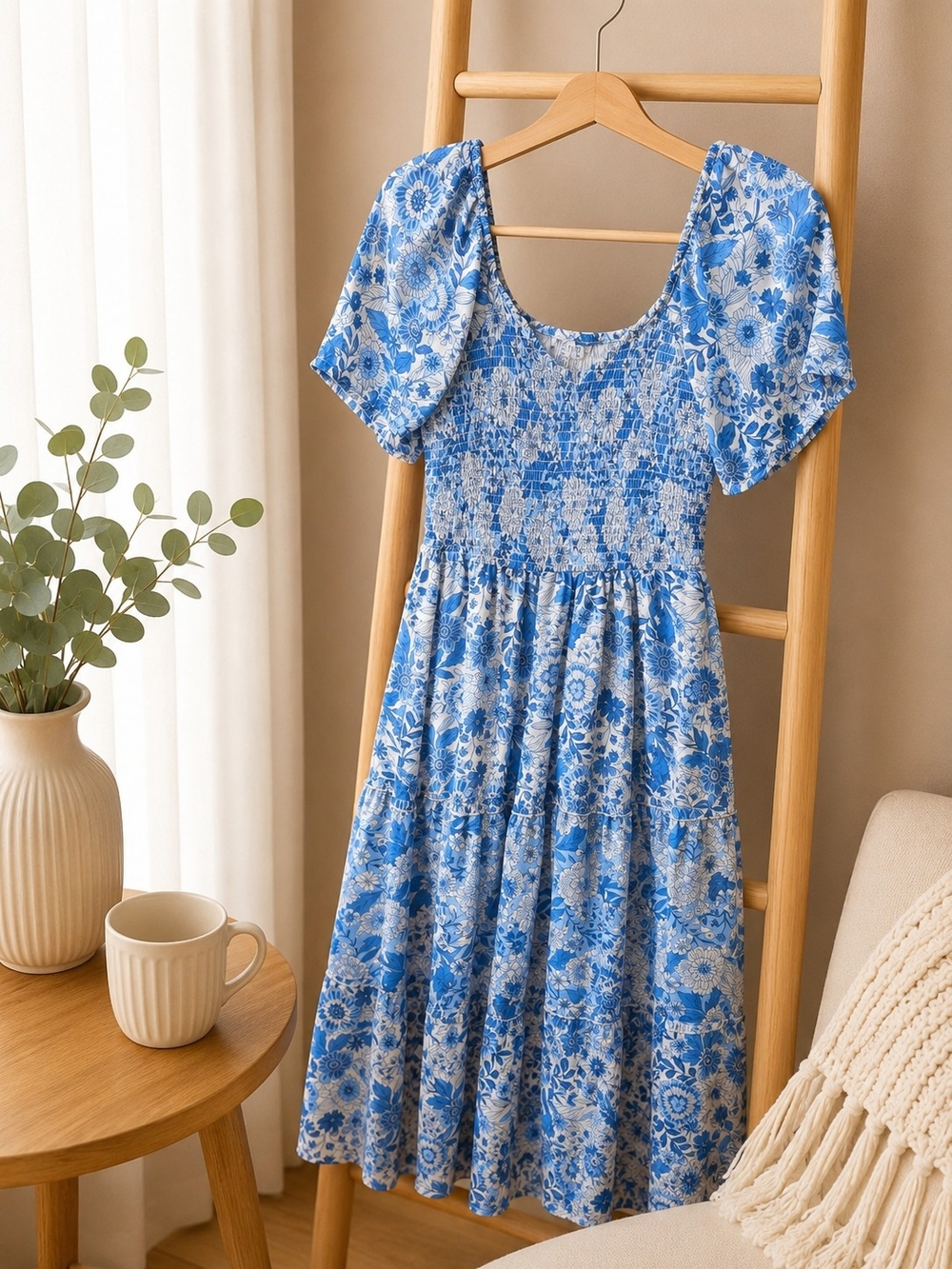 Sincerely Jules Blue Floral Smocked Midi Dress